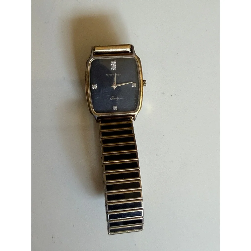 Wittnauer Quartz Watch Mens Black Dial Gold‎ Tone Speidel NOT WORKING  Vintage